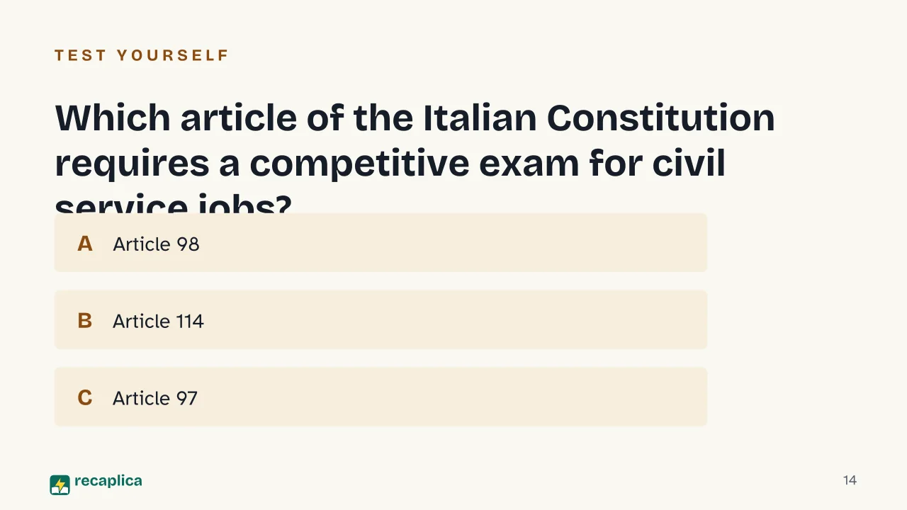 Slide 14 of the presentation on Civil Service: Which article of the Italian Constitution requires a competitive exam for civil service jobs?