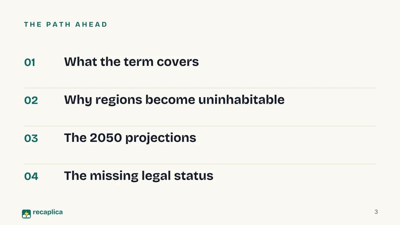 Slide 3 of the presentation on Climate Refugees: The path ahead