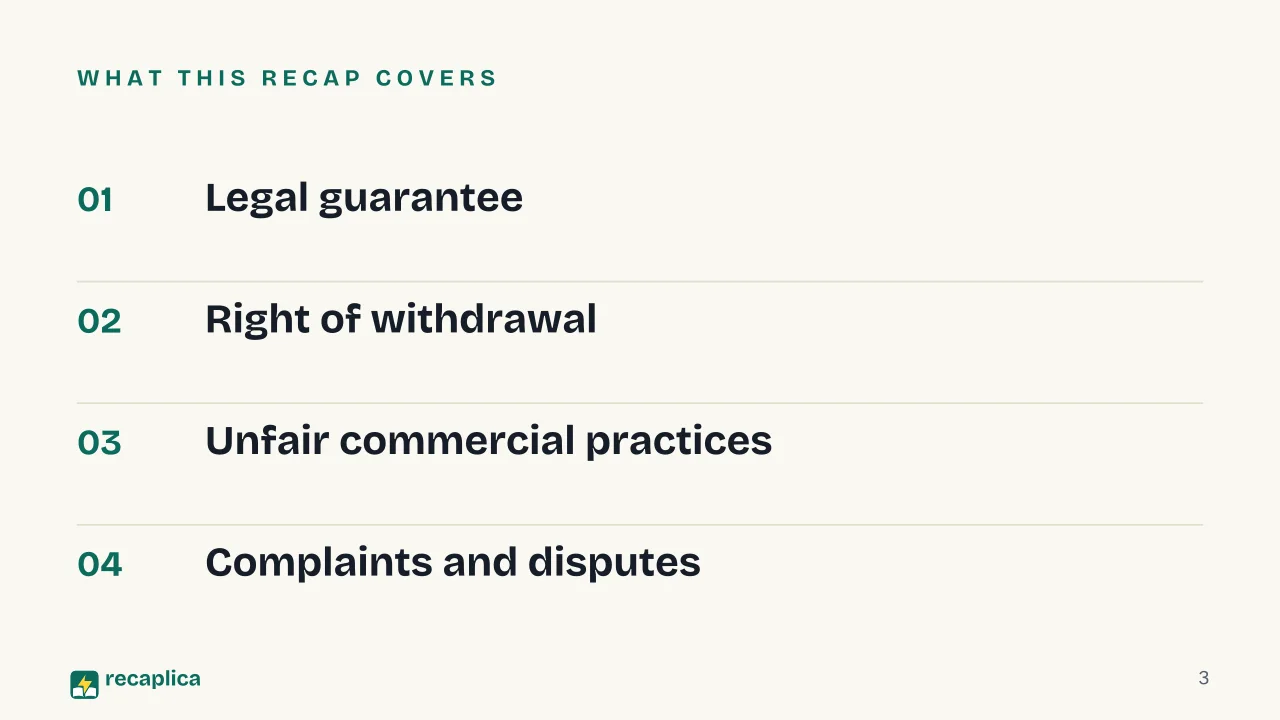 Slide 3 of the presentation on Consumer Rights: What this Recap covers