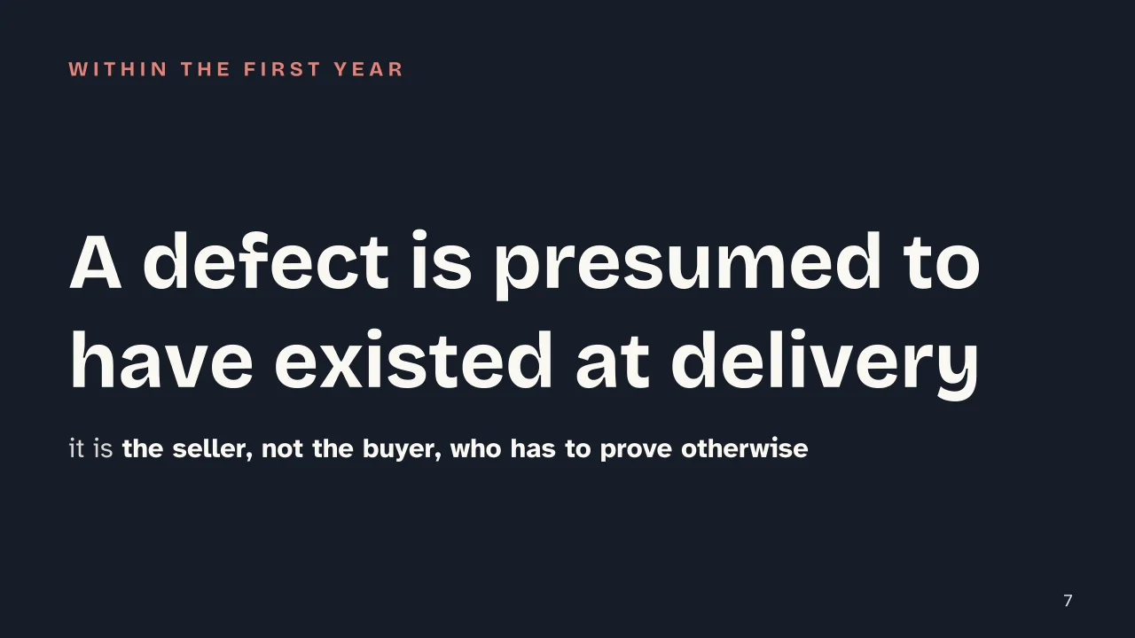 Slide 7 of the presentation on Consumer Rights: A defect is presumed to have existed at delivery