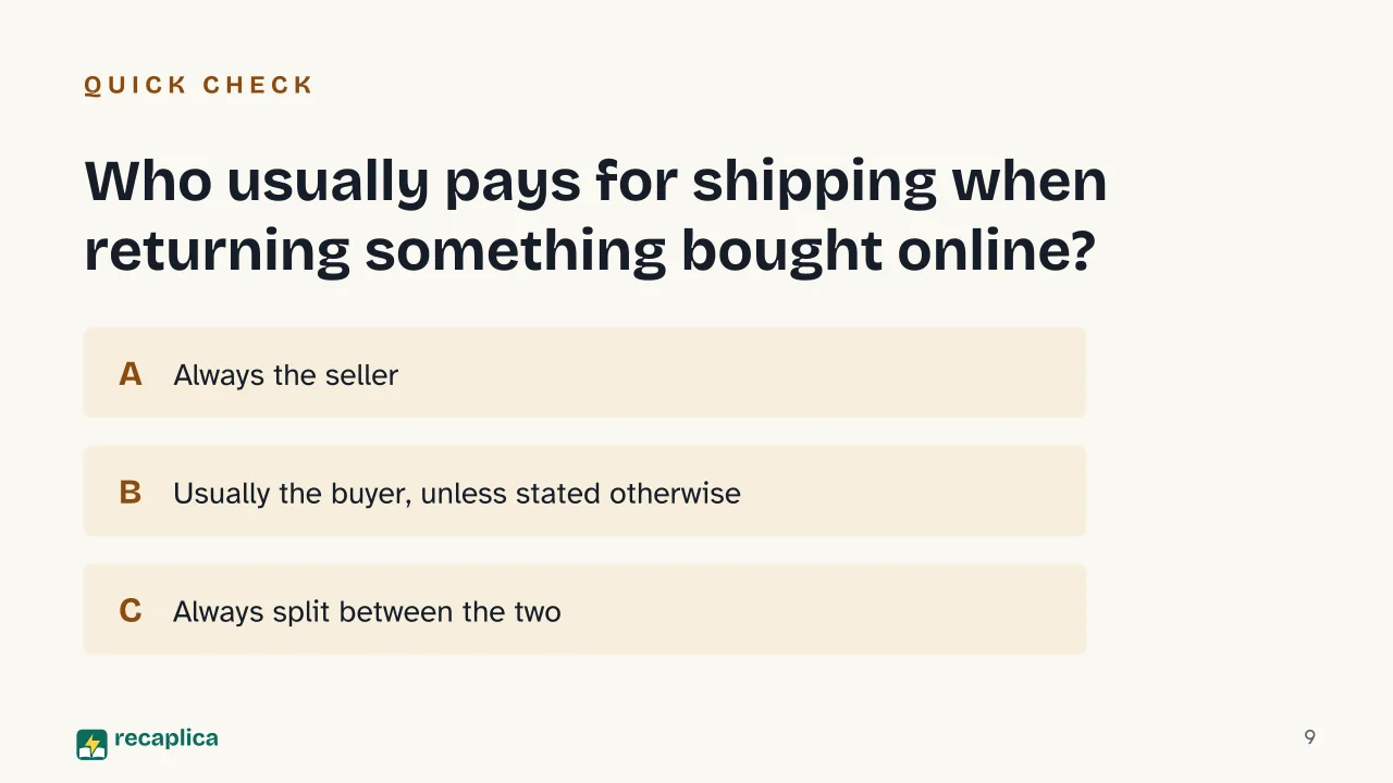 Slide 9 of the presentation on Consumer Rights: Who usually pays for shipping when returning something bought online?