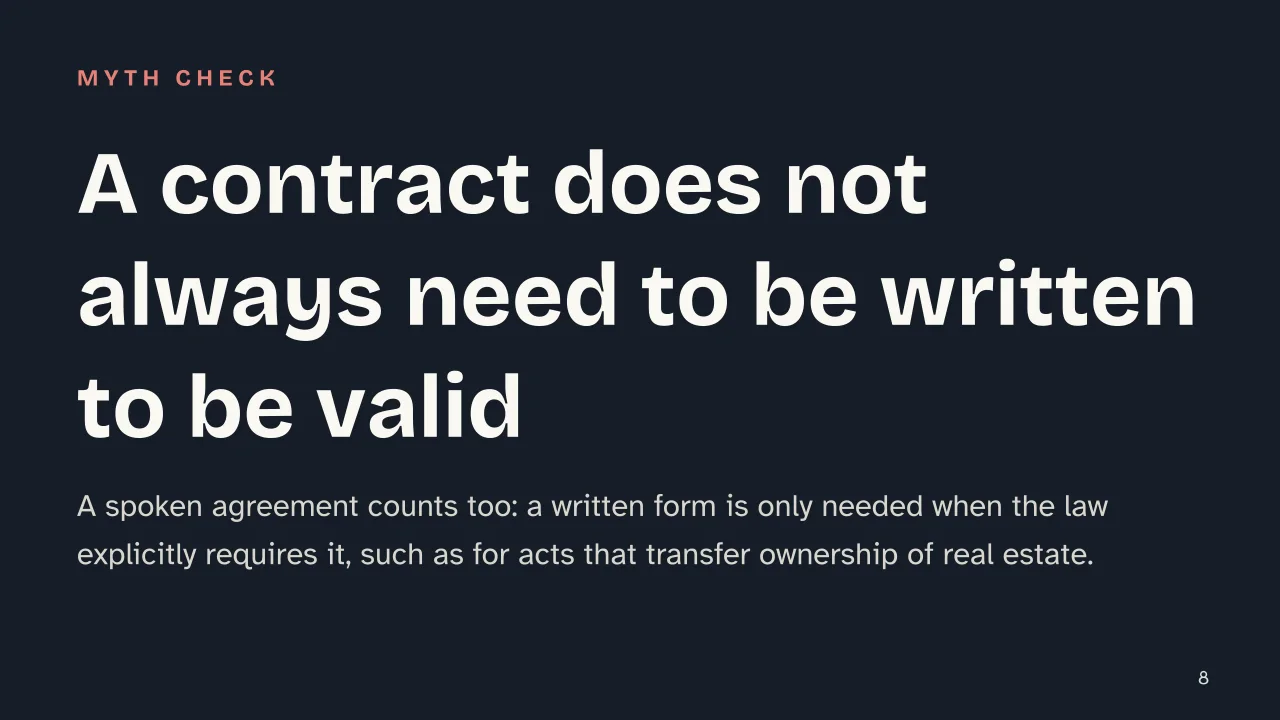 Slide 8 of the presentation on Contract Definition: A contract does not always need to be written to be valid