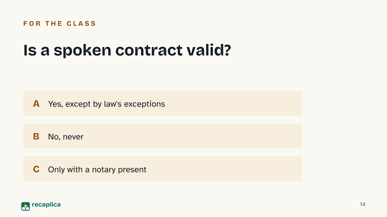 Slide 14 of the presentation on Contract Definition: Is a spoken contract valid?