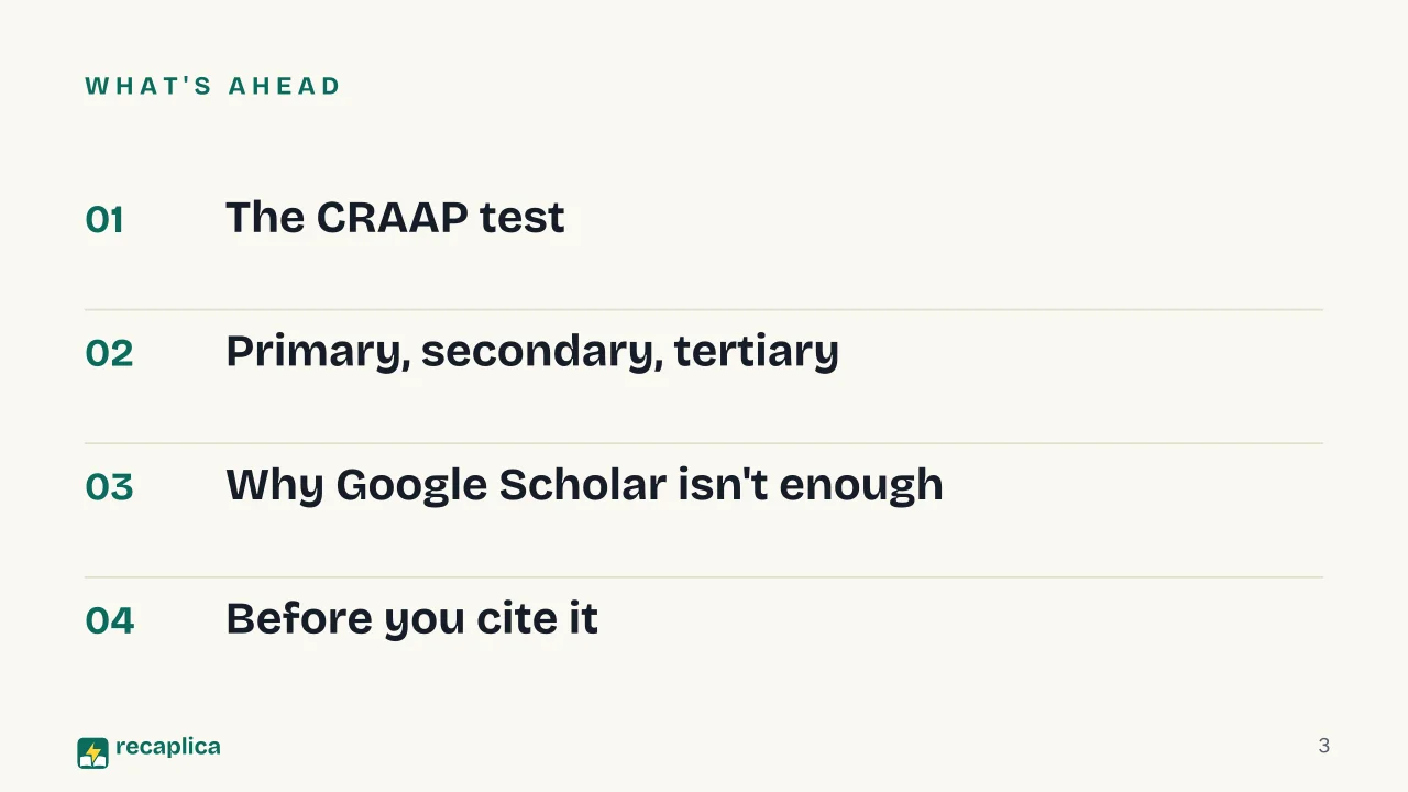 Slide 3 of the presentation on Credible Sources for Research: What's ahead