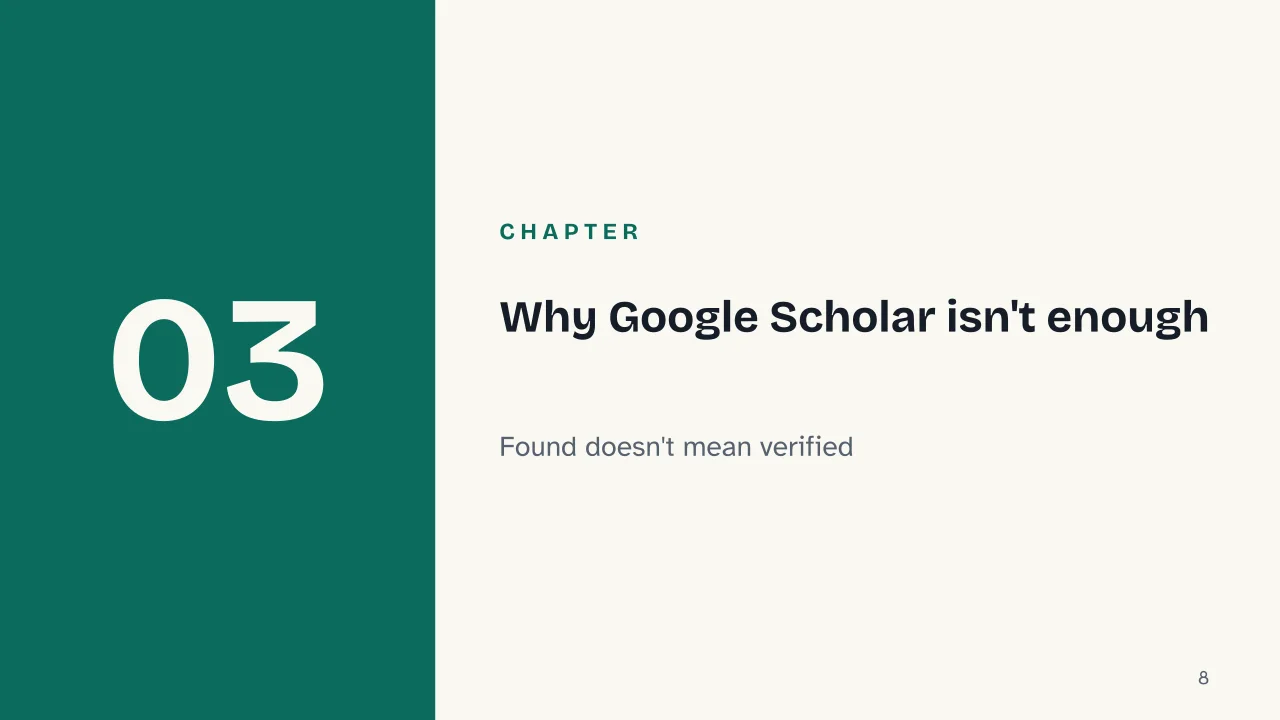 Slide 8 of the presentation on Credible Sources for Research: Chapter 03: Why Google Scholar isn't enough