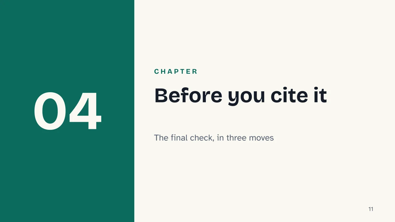 Slide 11 of the presentation on Credible Sources for Research: Chapter 04: Before you cite it