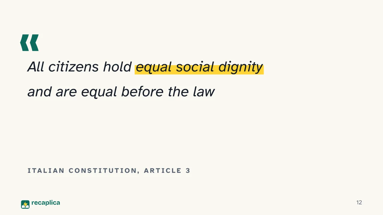 Slide 12 of the presentation on Crimes Against Humanity: Italian constitution, Article 3