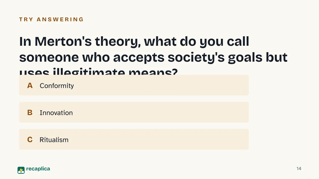 Slide 14 of the presentation on Deviance: In Merton's theory, what do you call someone who accepts society's goals but uses illegitimate means?