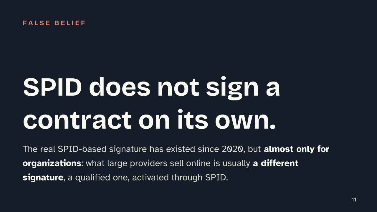 Slide 11 of the presentation on SPID Digital Signature: SPID does not sign a contract on its own.