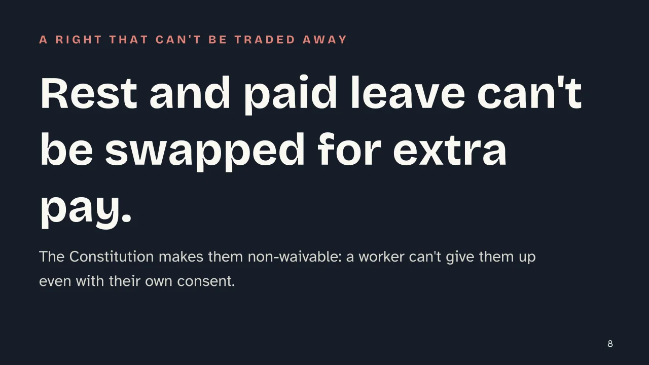 Slide 8 of the presentation on Employment Contract in Italy: Rest and paid leave can't be swapped for extra pay.