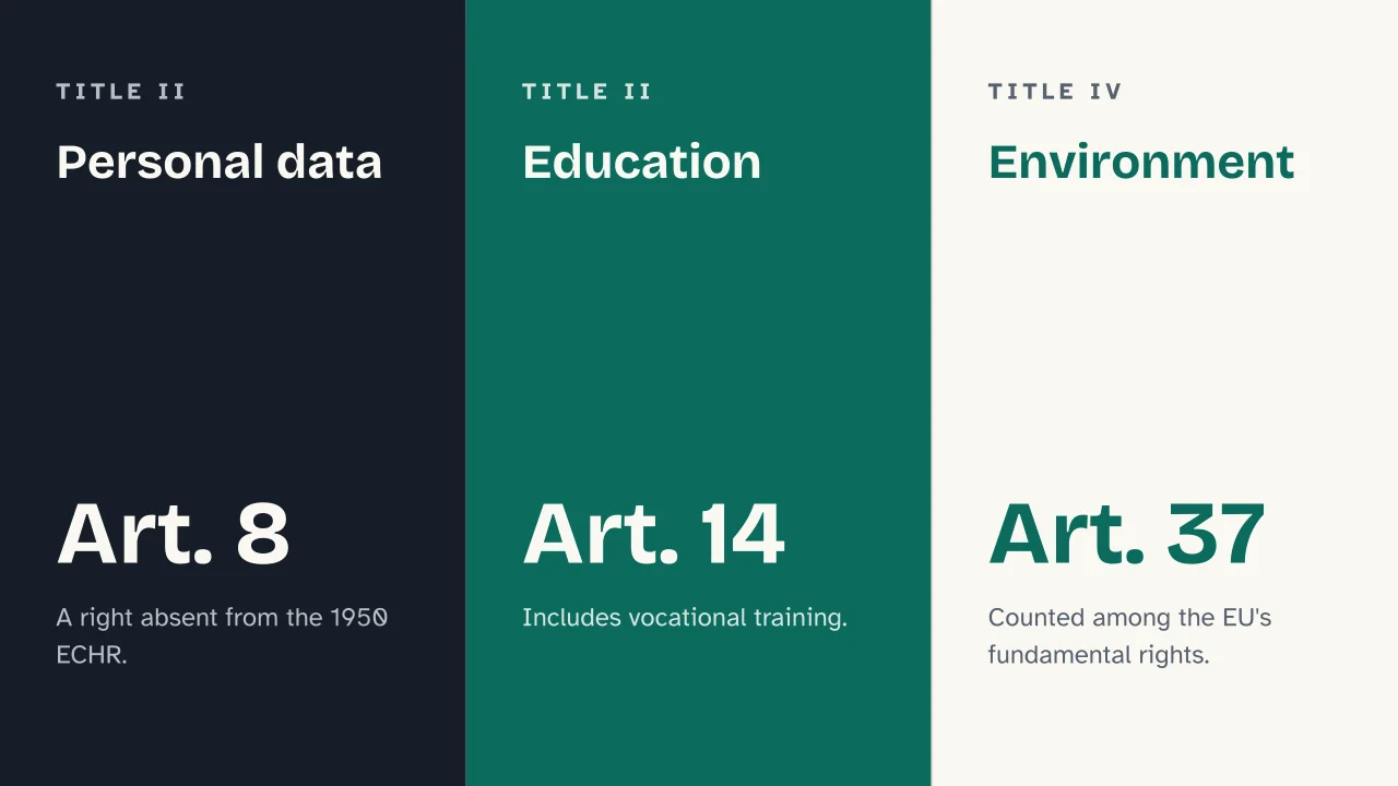 Slide 10 of the presentation on EU Charter of Fundamental Rights: Personal data · Education · Environment