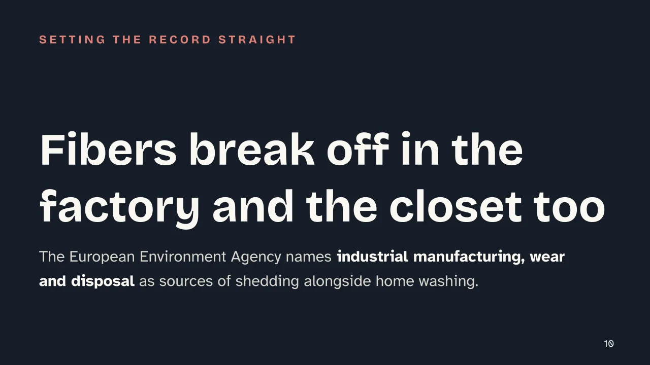 Slide 10 of the presentation on Fast Fashion: Fibers break off in the factory and the closet too