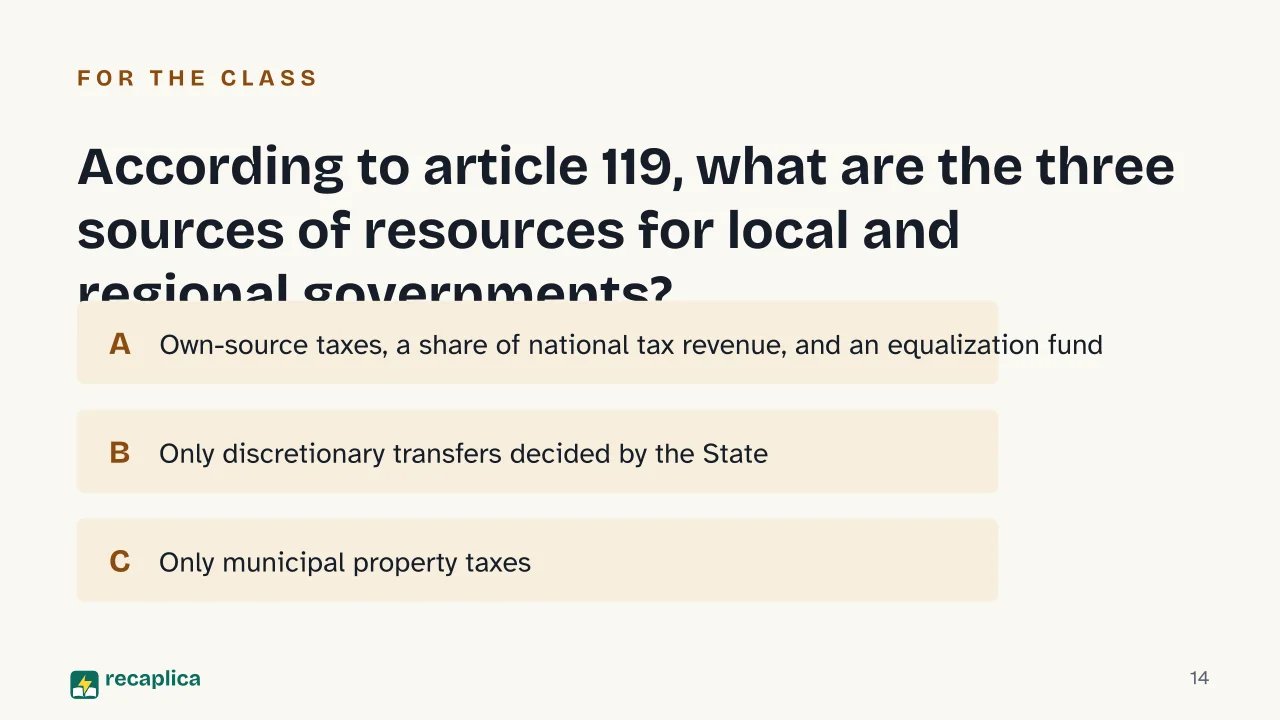 Slide 14 of the presentation on What Is Fiscal Federalism? Who Raises the Money and Who Gets It: According to article 119, what are the three sources of resources for local and regional governments?