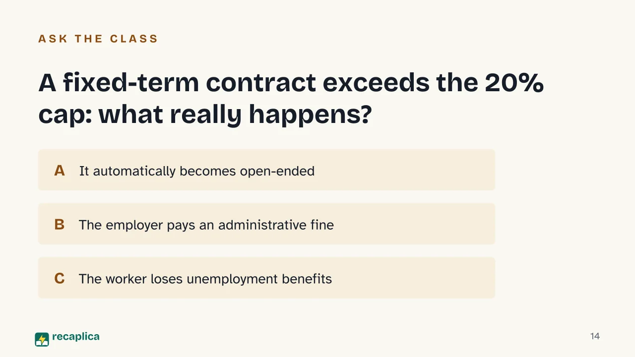 Slide 14 of the presentation on Fixed-Term Contract: A fixed-term contract exceeds the 20% cap: what really happens?