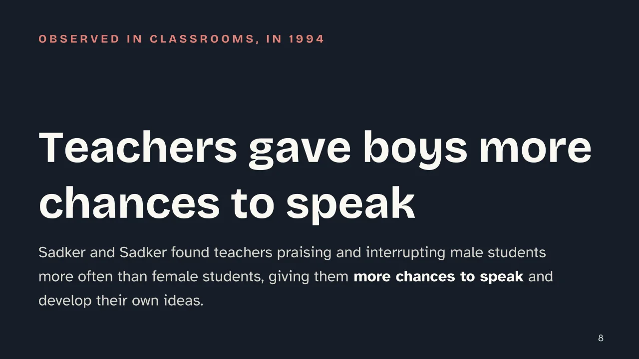 Slide 8 of the presentation on Gender Role Socialisation: Teachers gave boys more chances to speak