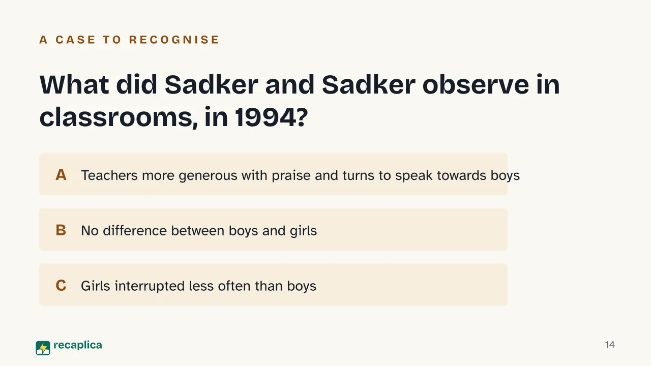 Slide 14 of the presentation on Gender Role Socialisation: What did Sadker and Sadker observe in classrooms, in 1994?