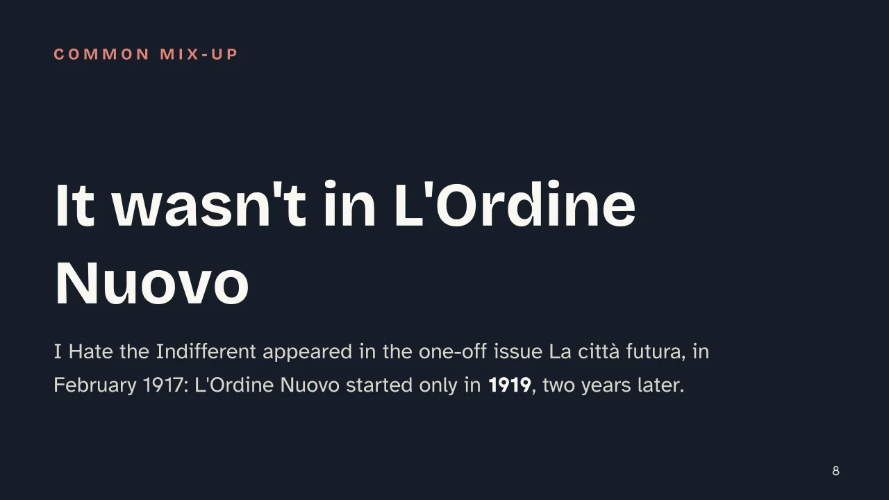 Slide 8 of the presentation on I Hate the Indifferent: It wasn't in L'Ordine Nuovo