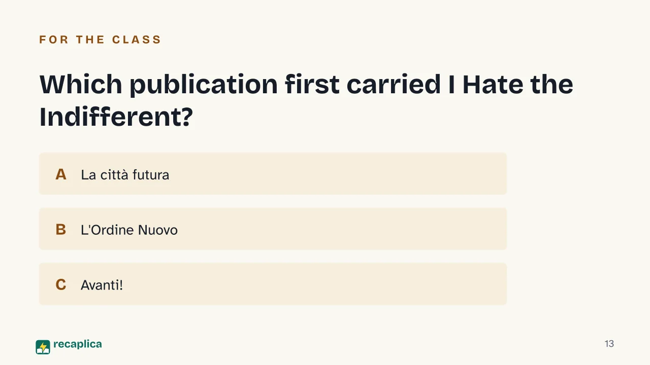 Slide 13 of the presentation on I Hate the Indifferent: Which publication first carried I Hate the Indifferent?