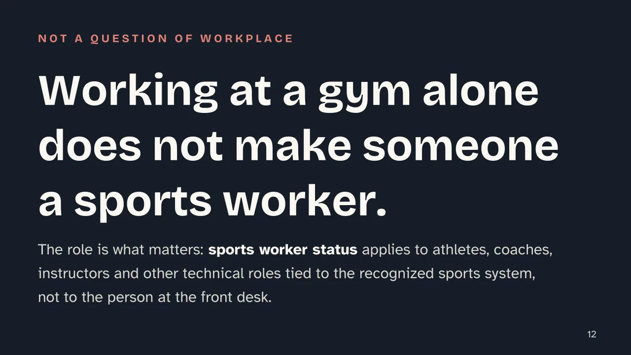 Slide 12 of the presentation on Gym and Sports Facility Collective Agreement in Italy: Working at a gym alone does not make someone a sports worker.