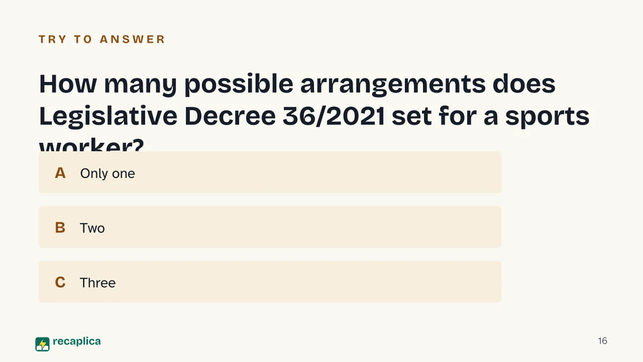 Slide 16 of the presentation on Gym and Sports Facility Collective Agreement in Italy: How many possible arrangements does Legislative Decree 36/2021 set for a sports worker?