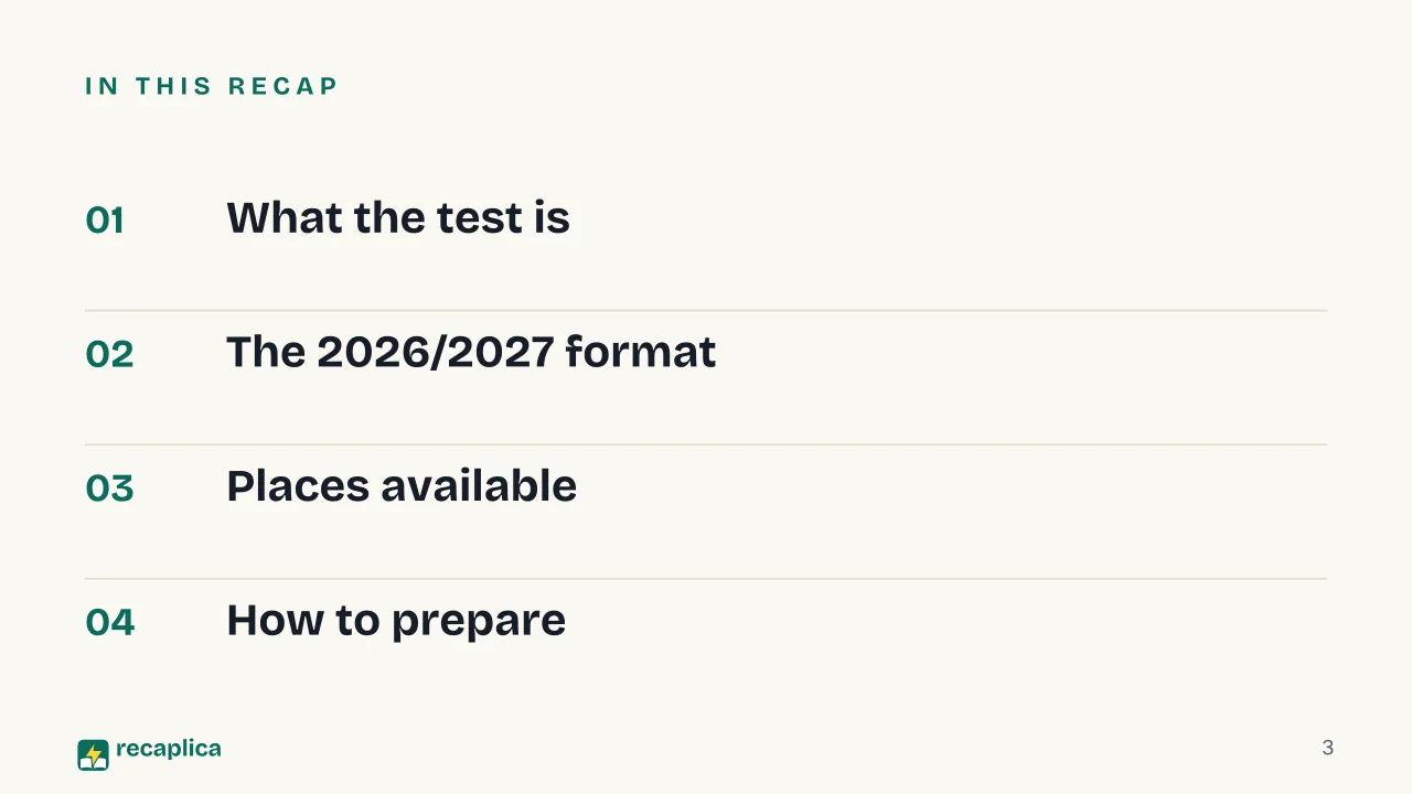 Slide 3 of the presentation on Italy's Health Professions Admission Test: In this Recap