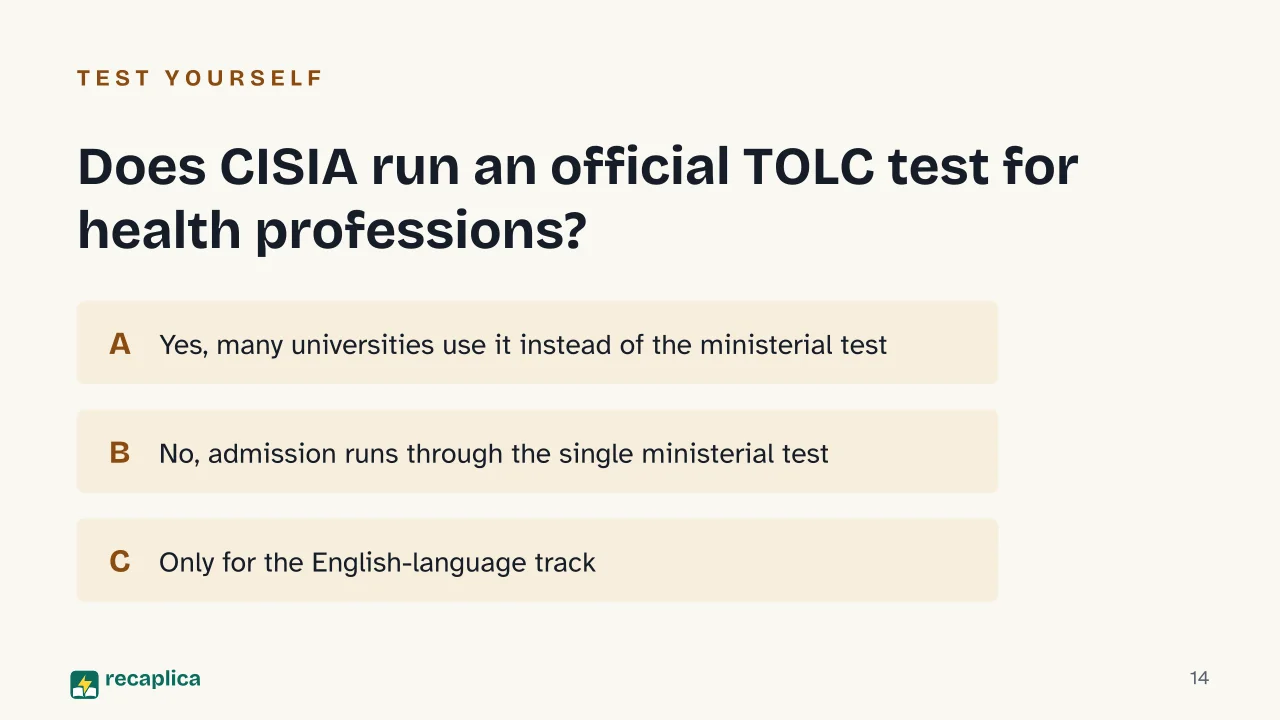 Slide 14 of the presentation on Italy's Health Professions Admission Test: Does CISIA run an official TOLC test for health professions?