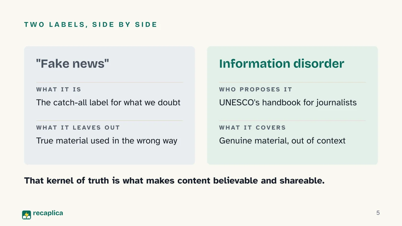 Slide 5 of the presentation on How to Spot Fake News: Two labels, side by side