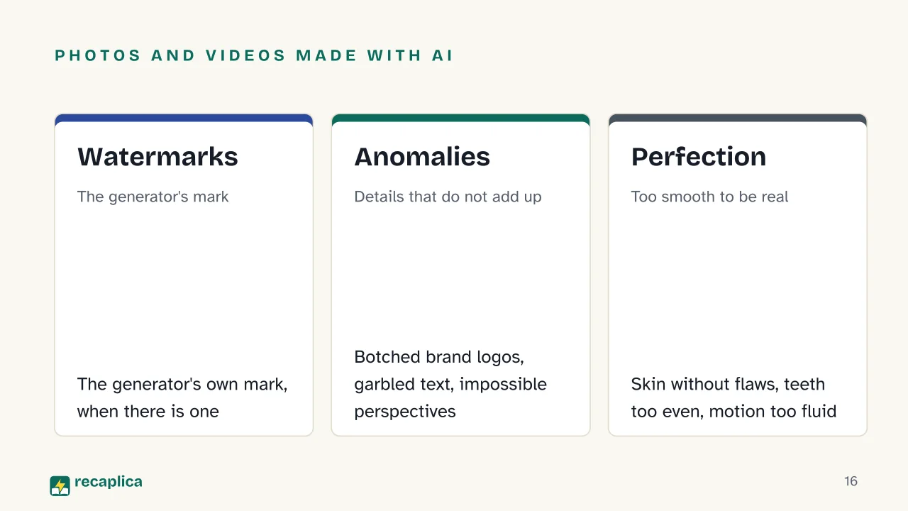 Slide 16 of the presentation on How to Spot Fake News: Photos and videos made with AI: Watermarks, Anomalies, Perfection