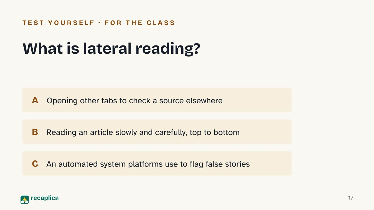 Slide 17 of the presentation on How to Spot Fake News: What is lateral reading?