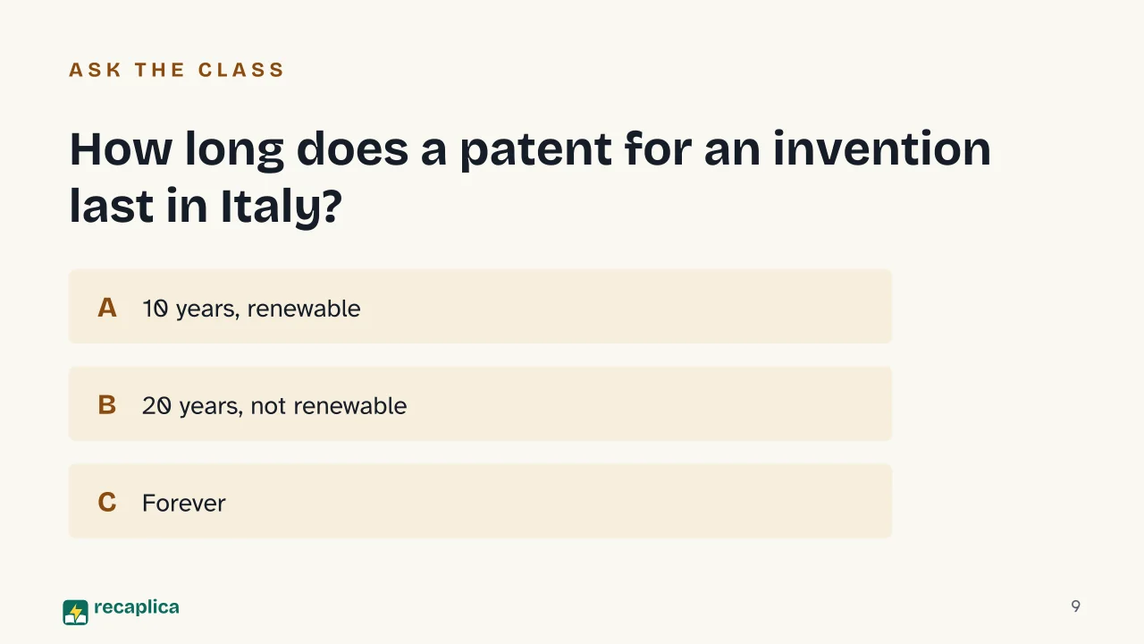 Slide 9 of the presentation on Intellectual Property: How long does a patent for an invention last in Italy?