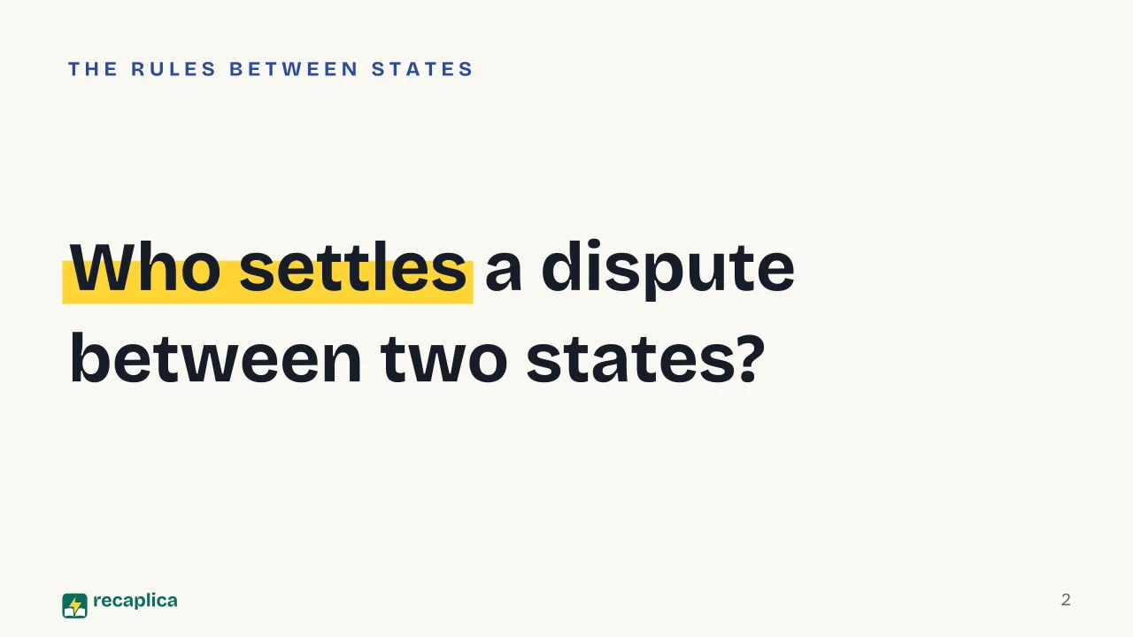 Slide 2 of the presentation on International Law: Who settles a dispute between two states?