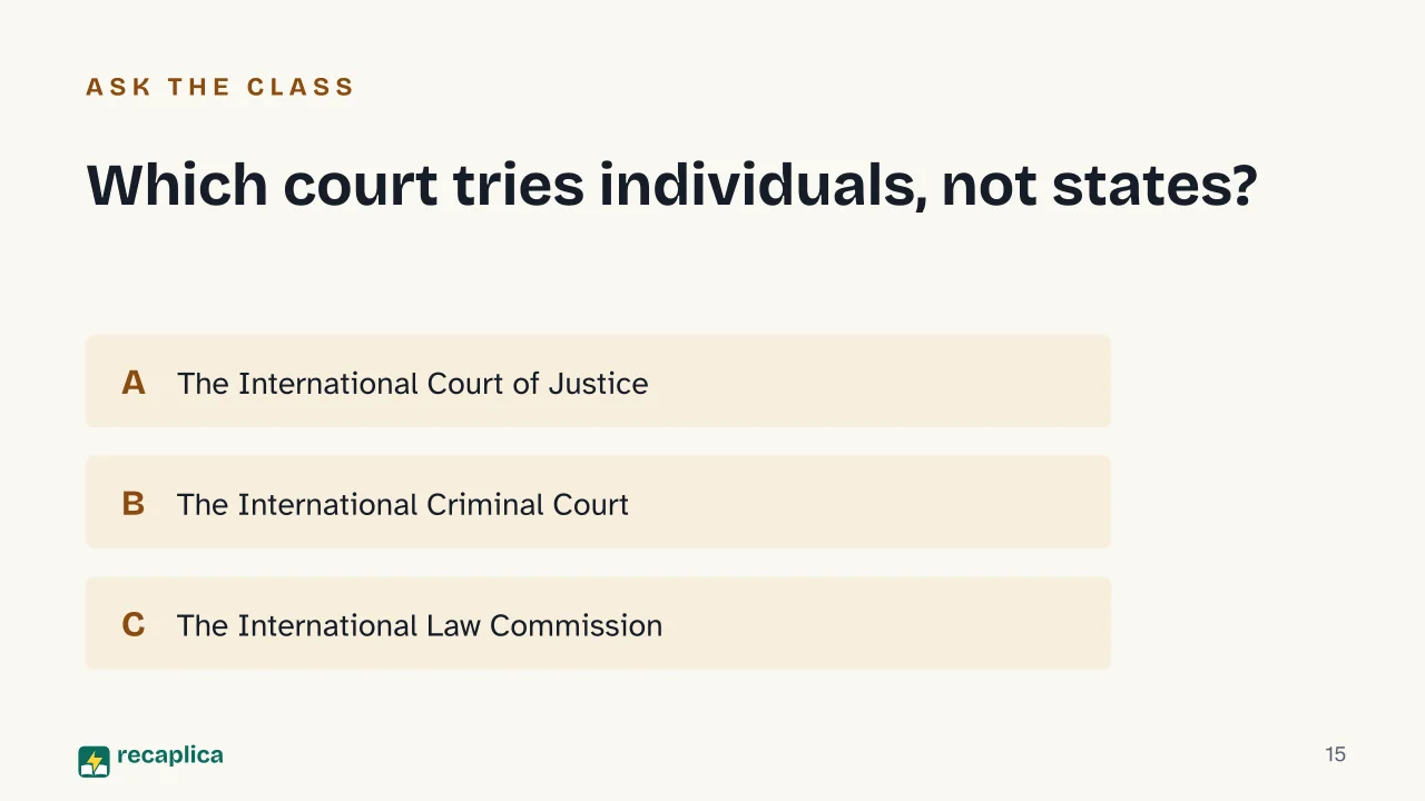 Slide 15 of the presentation on International Law: Which court tries individuals, not states?