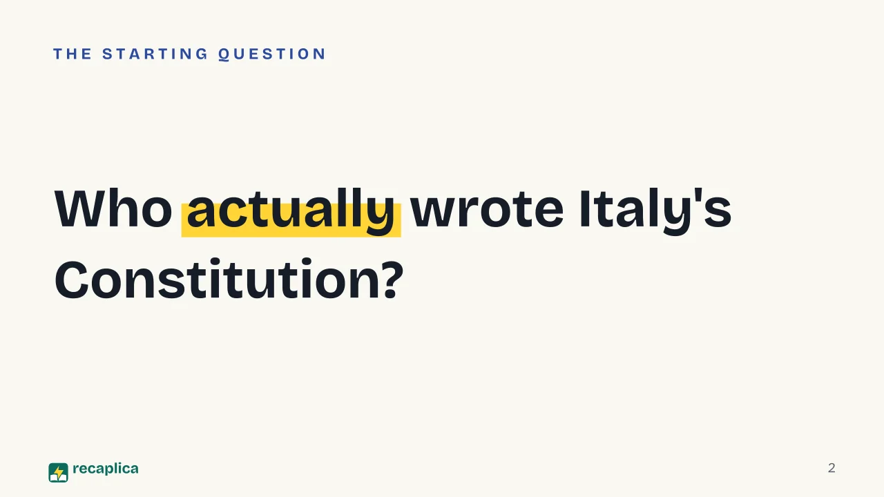 Slide 2 of the presentation on Italian Constitution: Who actually wrote Italy's Constitution?