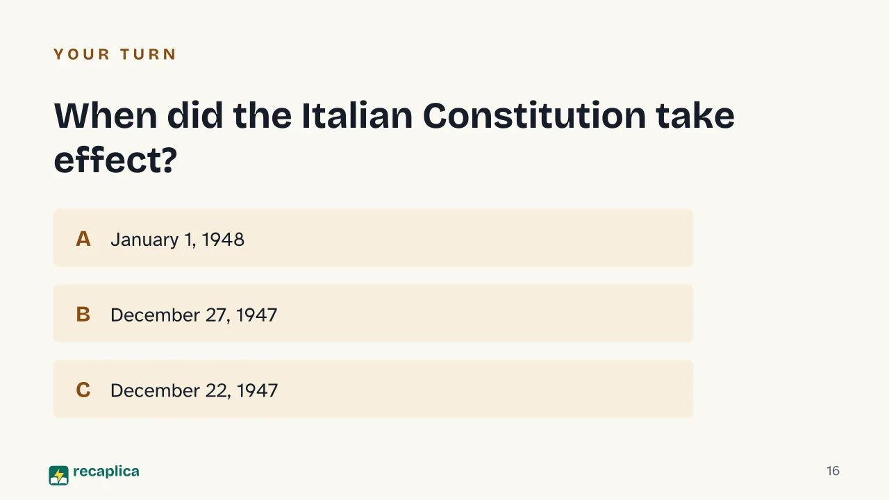 Slide 16 of the presentation on Italian Constitution: When did the Italian Constitution take effect?