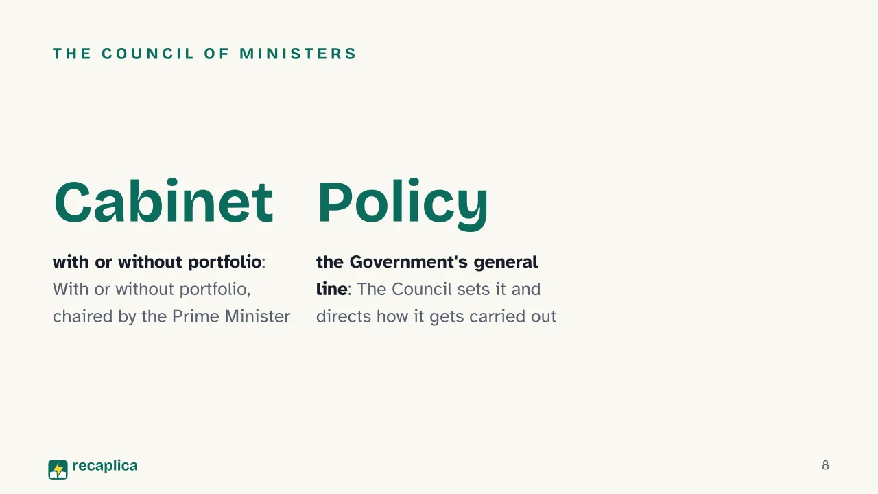 Slide 8 of the presentation on Italian Government Structure: The Council of Ministers