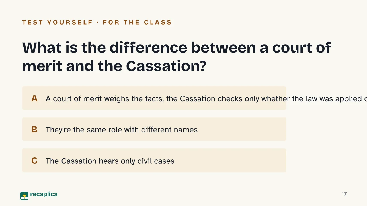 Slide 17 of the presentation on Italian Legal System: What is the difference between a court of merit and the Cassation?