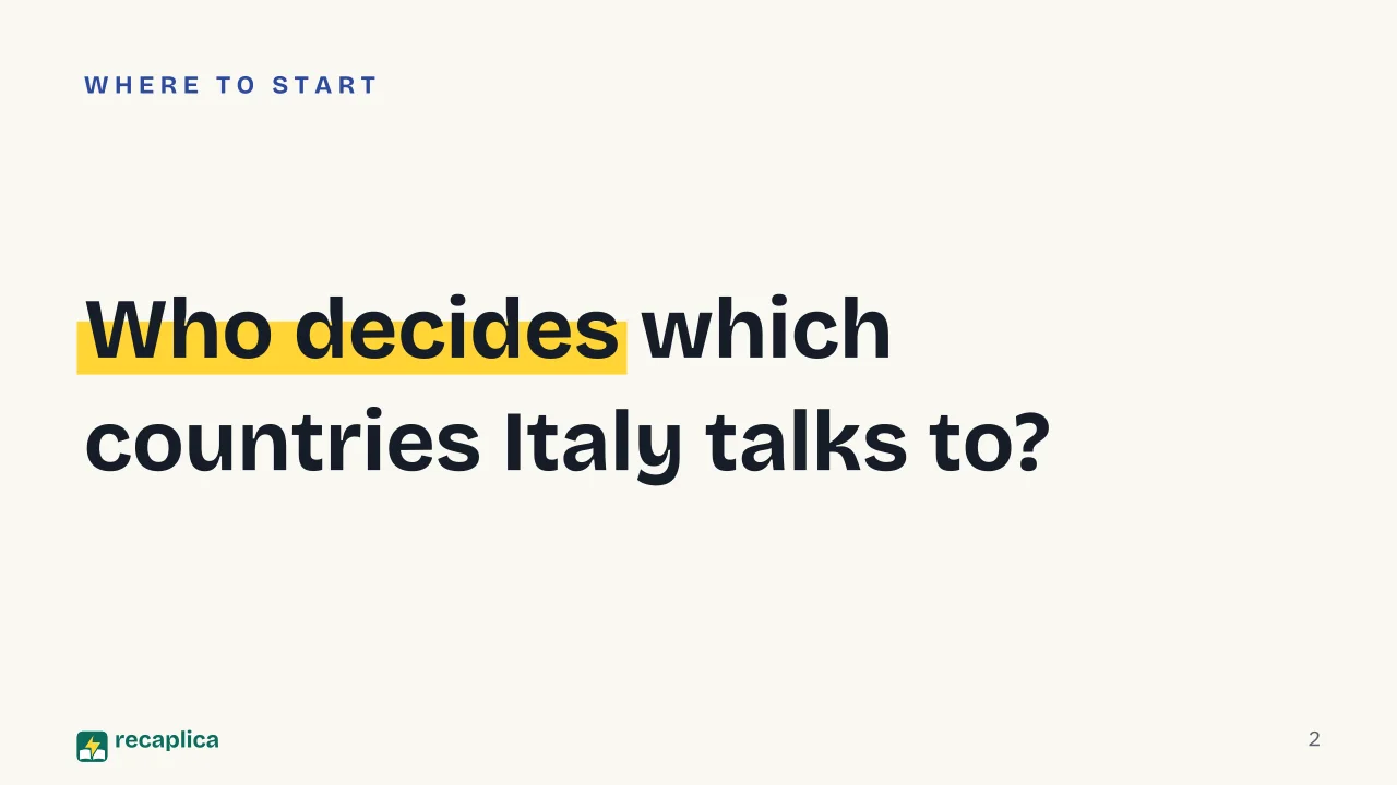 Slide 2 of the presentation on Italian Ministry of Foreign Affairs: Who decides which countries Italy talks to?