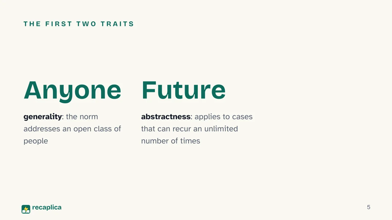Slide 5 of the presentation on Legal norm: The first two traits