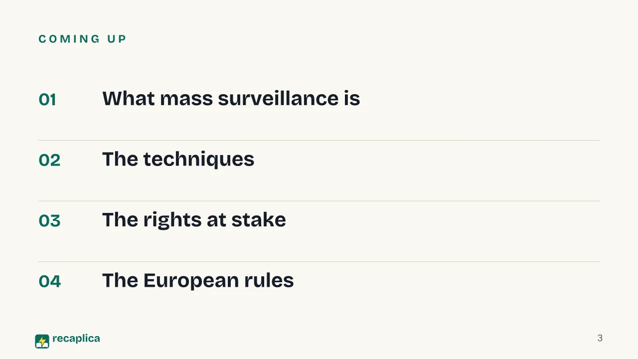 Slide 3 of the presentation on Mass Surveillance: Coming up