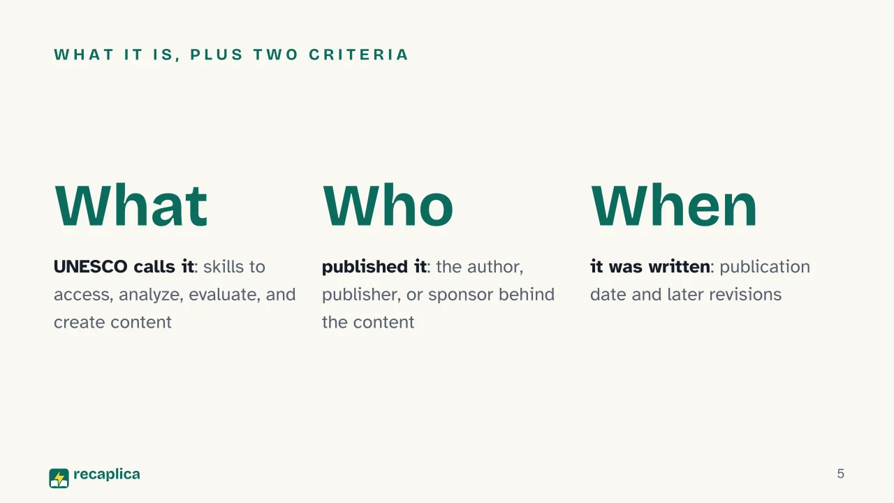 Slide 5 of the presentation on Media Literacy: What it is, plus two criteria