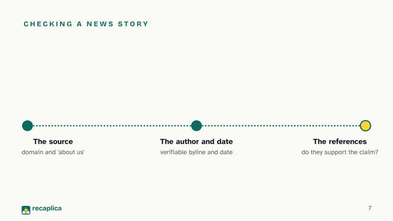 Slide 7 of the presentation on Media Literacy: Checking a news story