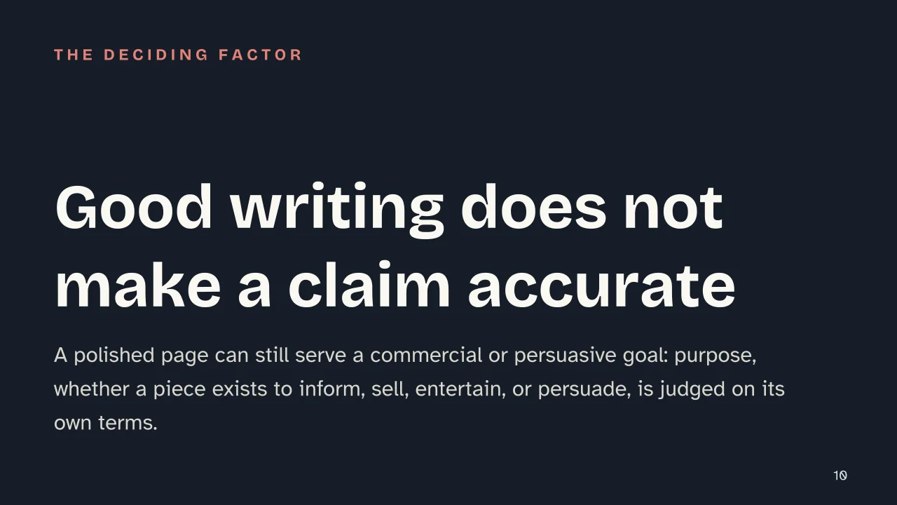 Slide 10 of the presentation on Media Literacy: Good writing does not make a claim accurate