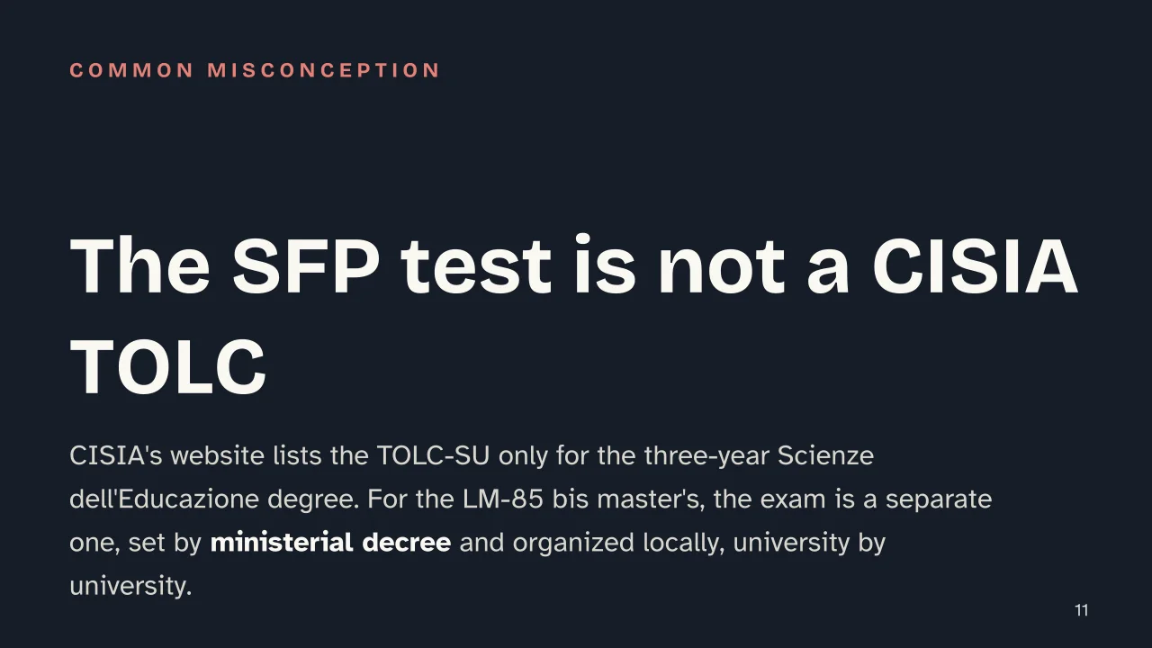 Slide 11 of the presentation on Scienze della Formazione Primaria Test: The SFP test is not a CISIA TOLC