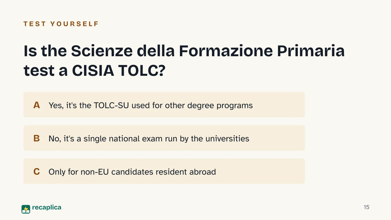 Slide 15 of the presentation on Scienze della Formazione Primaria Test: Is the Scienze della Formazione Primaria test a CISIA TOLC?