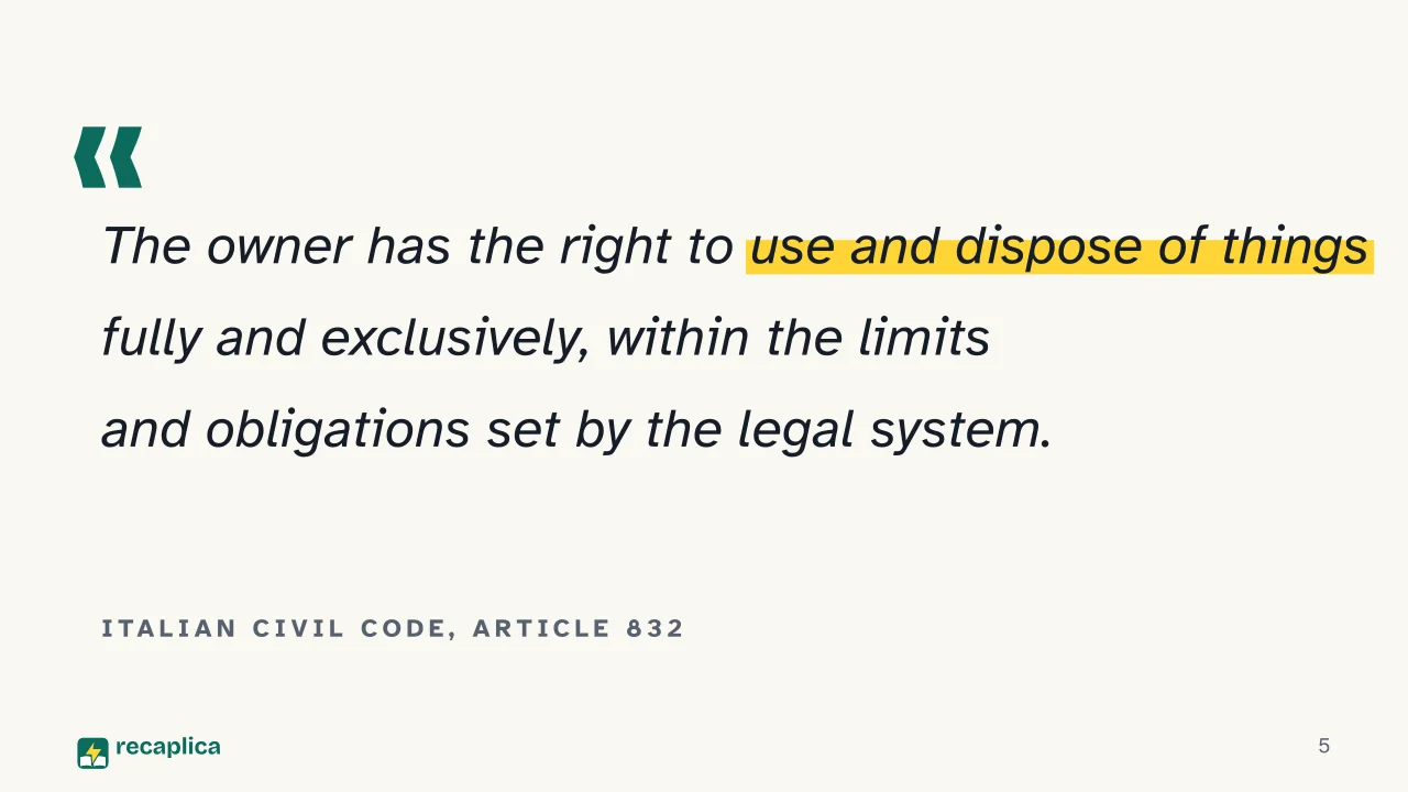 Slide 5 of the presentation on Property Rights: Italian Civil Code, Article 832