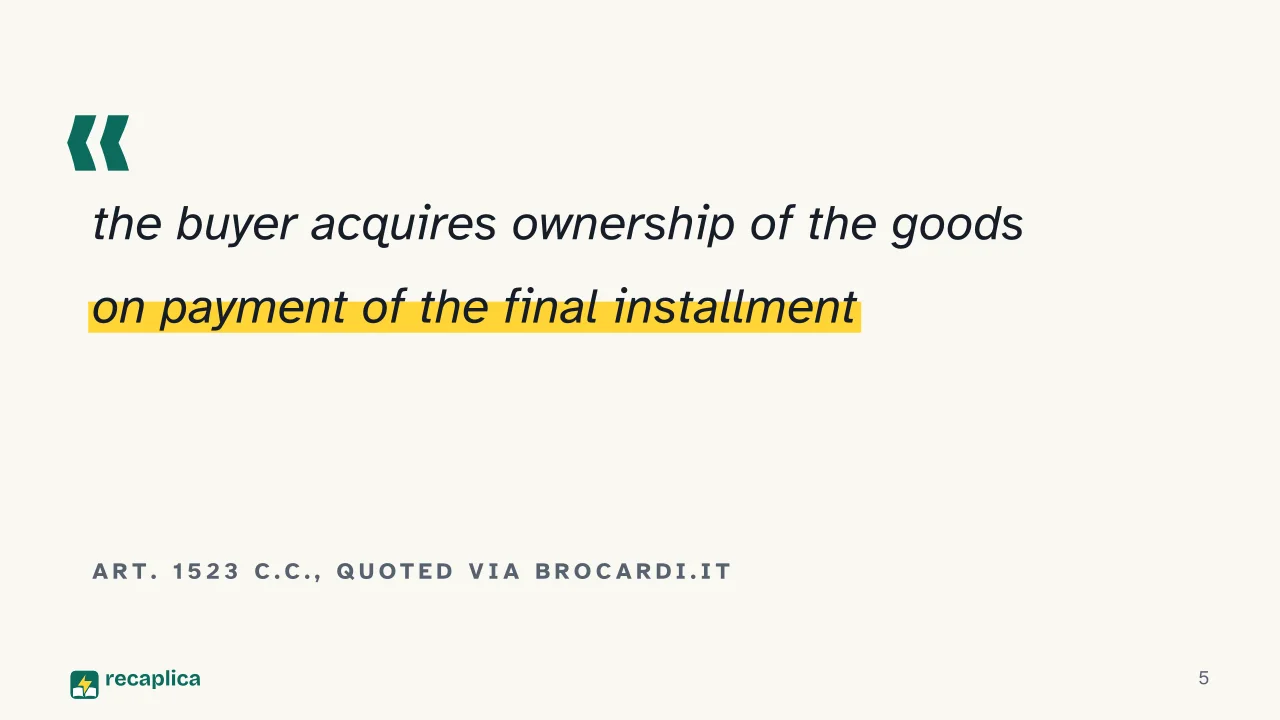 Slide 5 of the presentation on Retention of Title: Art. 1523 c.c., quoted via Brocardi.it