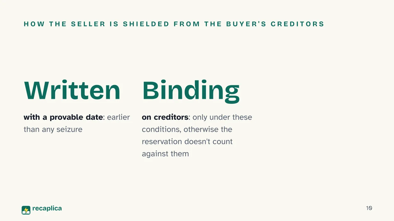 Slide 10 of the presentation on Retention of Title: How the seller is shielded from the buyer's creditors