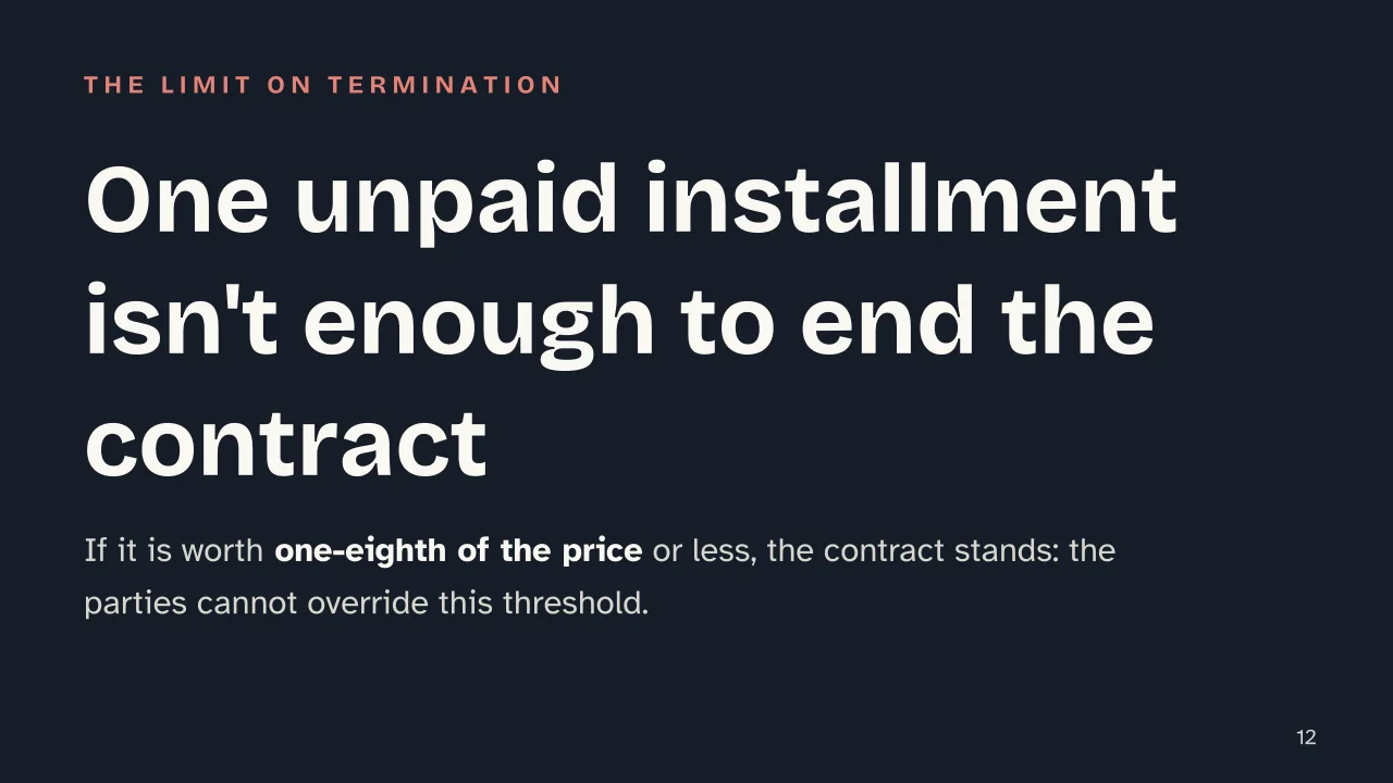 Slide 12 of the presentation on Retention of Title: One unpaid installment isn't enough to end the contract