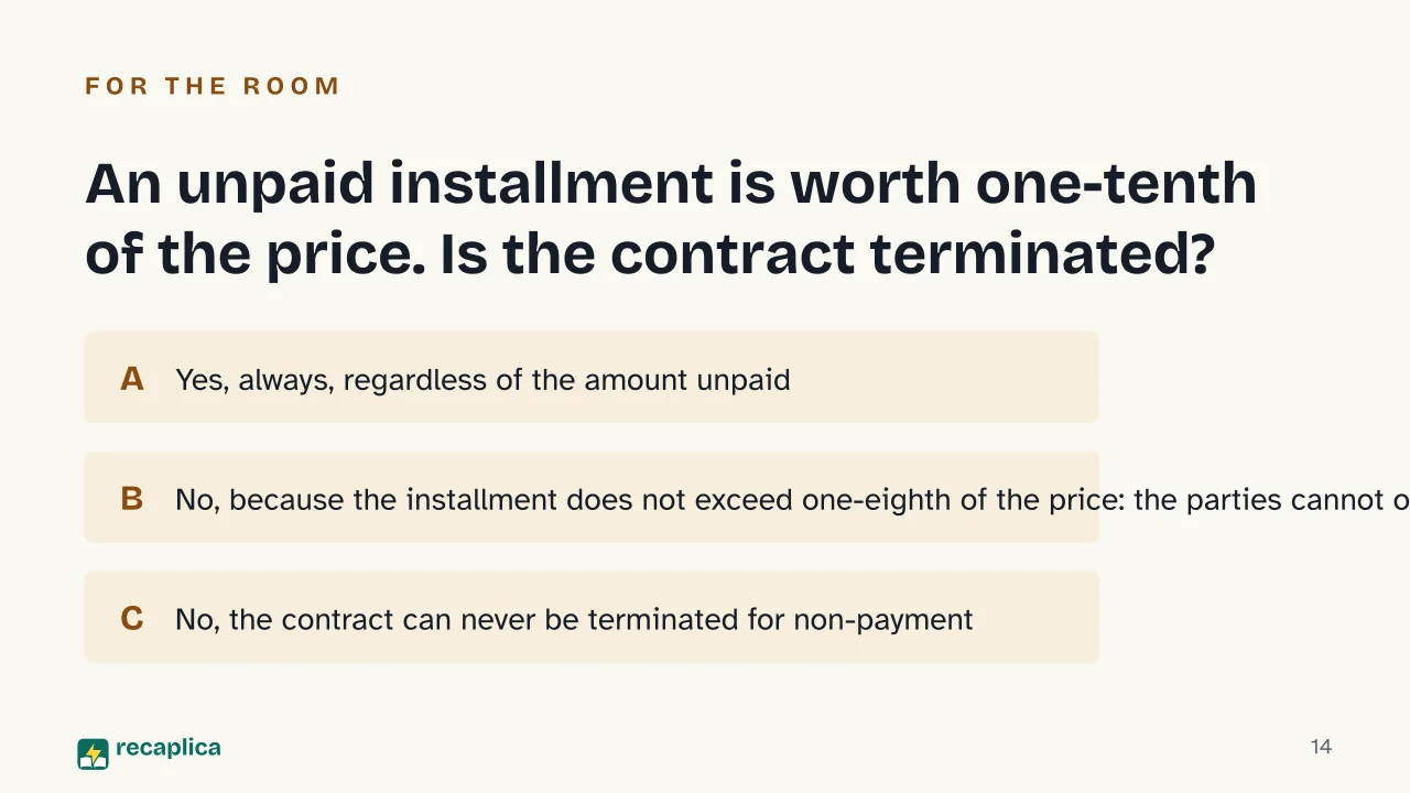 Slide 14 of the presentation on Retention of Title: An unpaid installment is worth one-tenth of the price. Is the contract terminated?