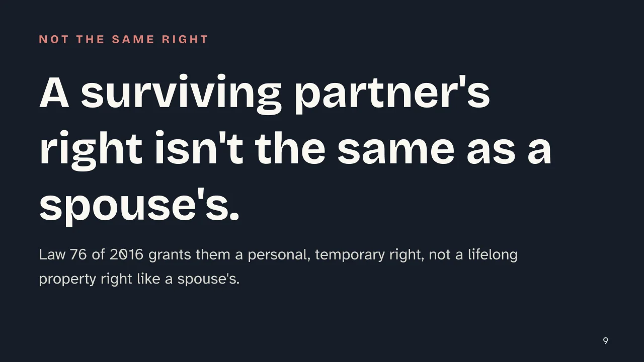 Slide 9 of the presentation on Surviving Spouse's Right of Habitation in Italy: A surviving partner's right isn't the same as a spouse's.